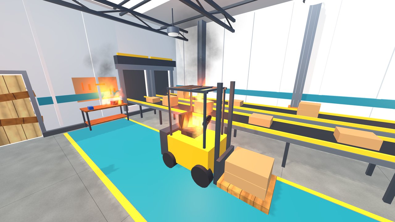 A burning forklift in the warehouse